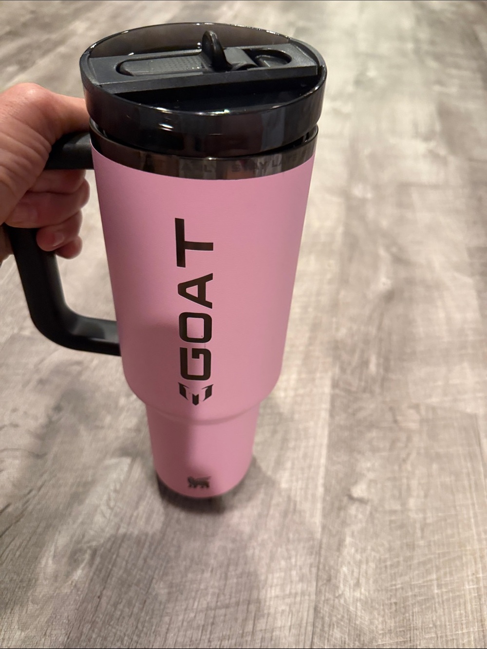 VEUC Messi GOAT Stanley Pink Travel Tumbler with Black Lid and Handle
